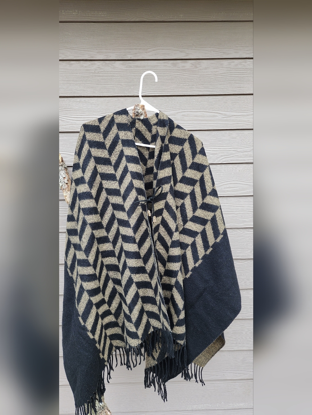 Chevron Pattern Black and Beige Poncho Wrap